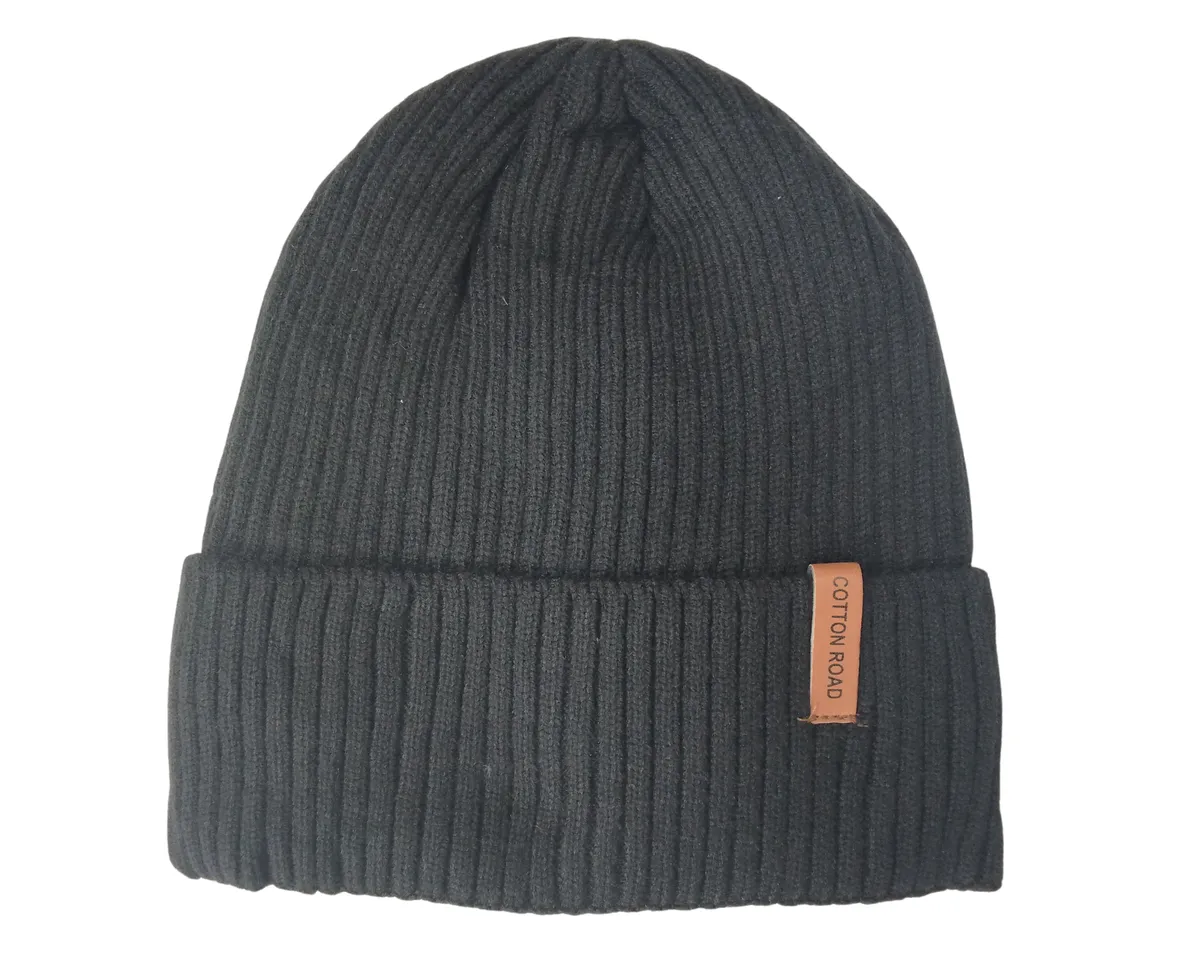 Cotton Road Ribbed Knit Beanie Hat - Warm Folded Cuff Winter Cap - Black