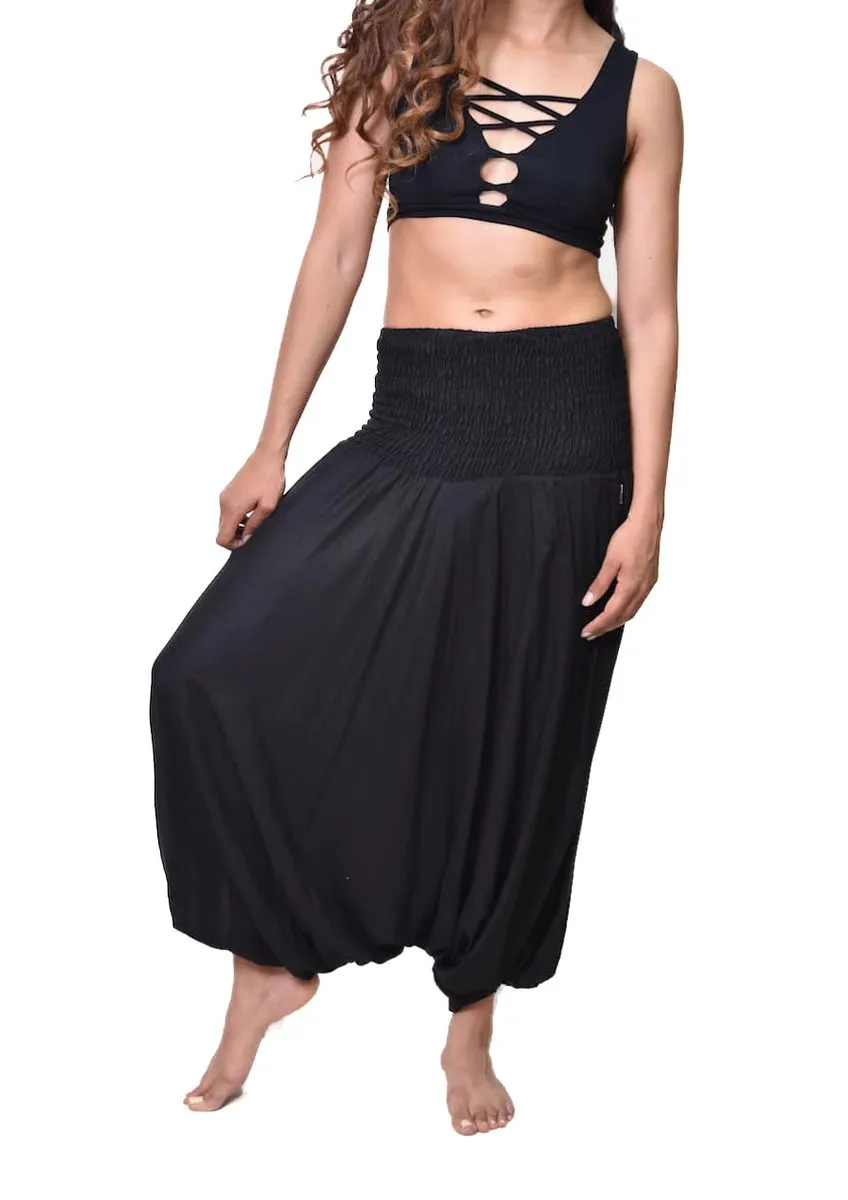 Smocked Waist Plain Mountain Pants - Black