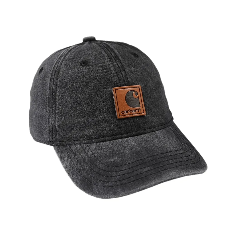 Leather Patch Washed Baseball Cap Outdoor Sports Sun Protection Visor Hat - Black