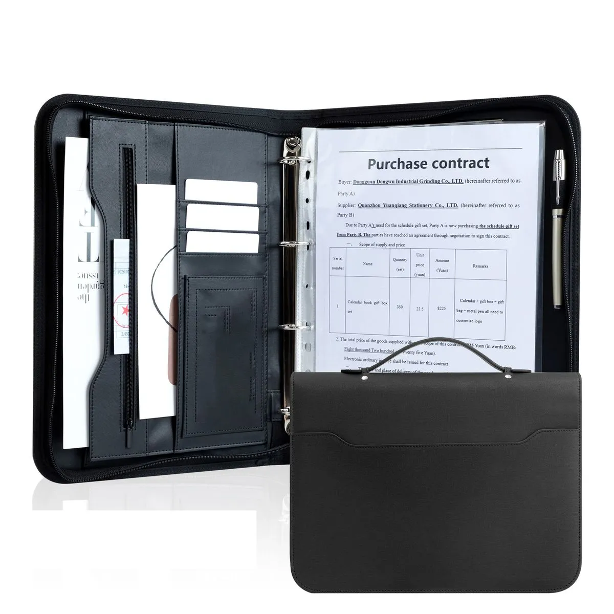 Multifunctional Leather Business Portfolio Folder (Calculator not included) - Black