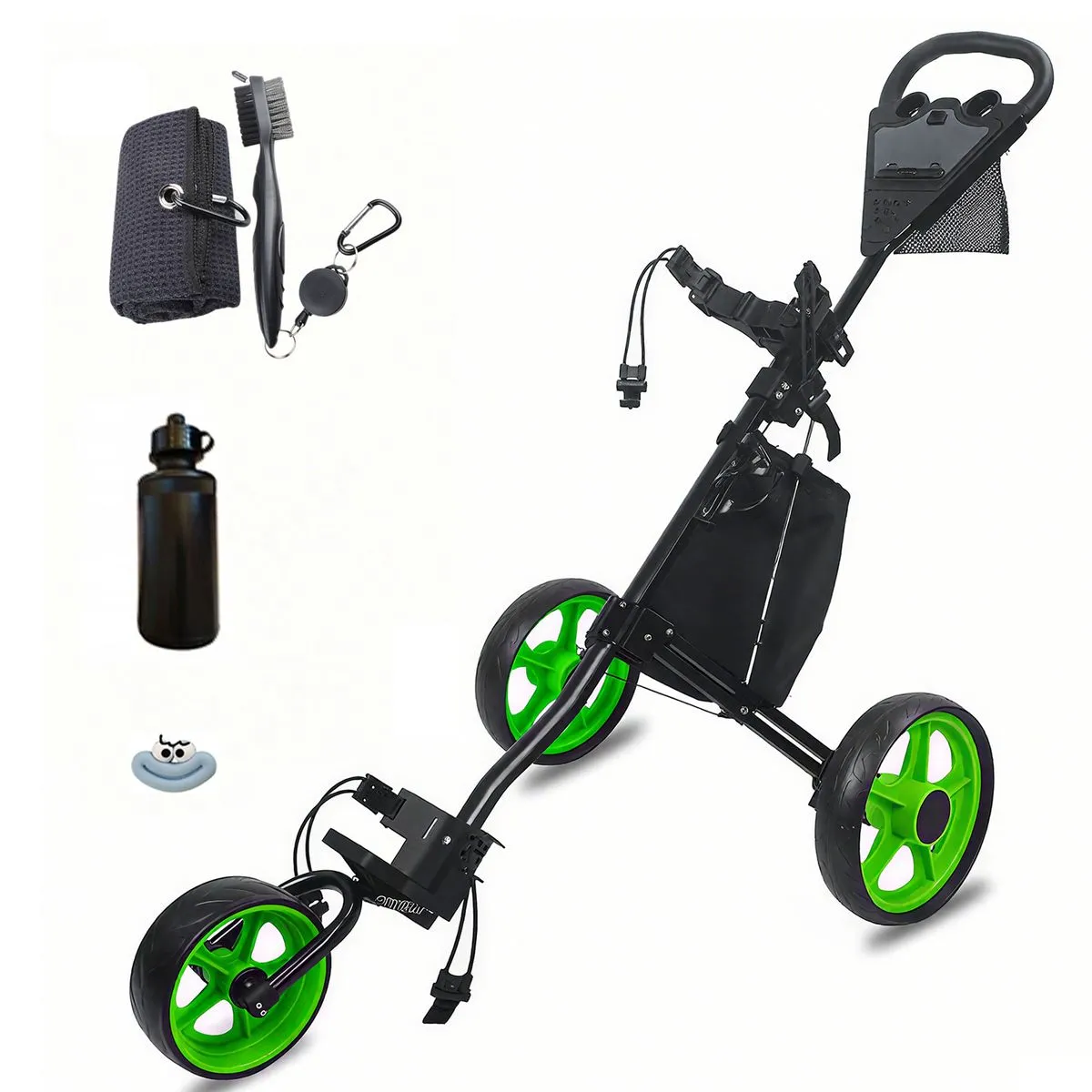 3 Wheel Golf Push Cart with Ball Bag, Storage Bag, Water Cup, Cleaning Tool - Green
