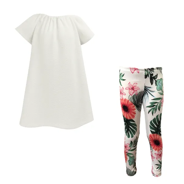 Baby/Toddler/Kids-Gathered Peasant Neck-Top & Capri Legging - White Floral