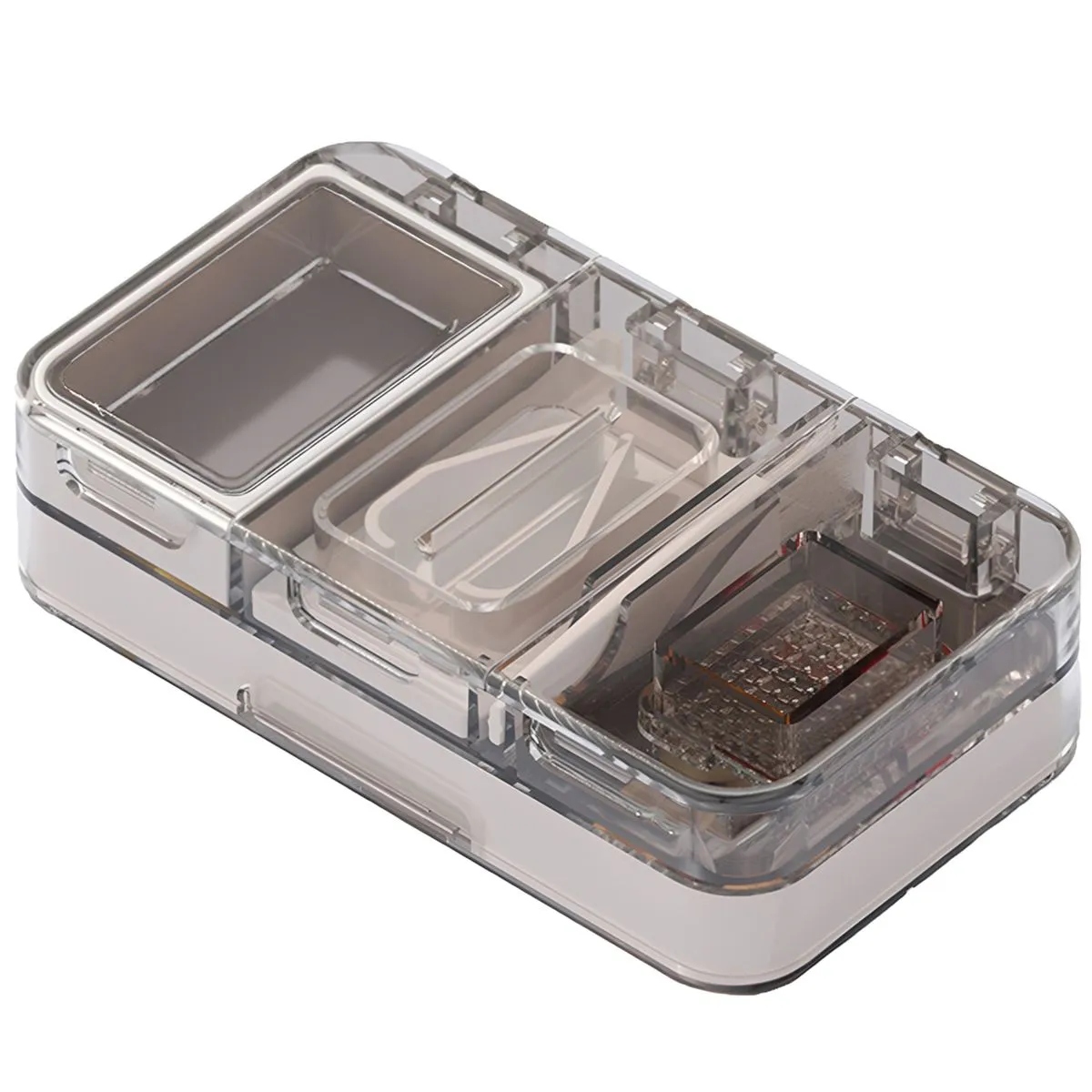 3in1 Container Pill Medicine Cutter Crusher Grinder Organizer Box Case - Transparent-Grey