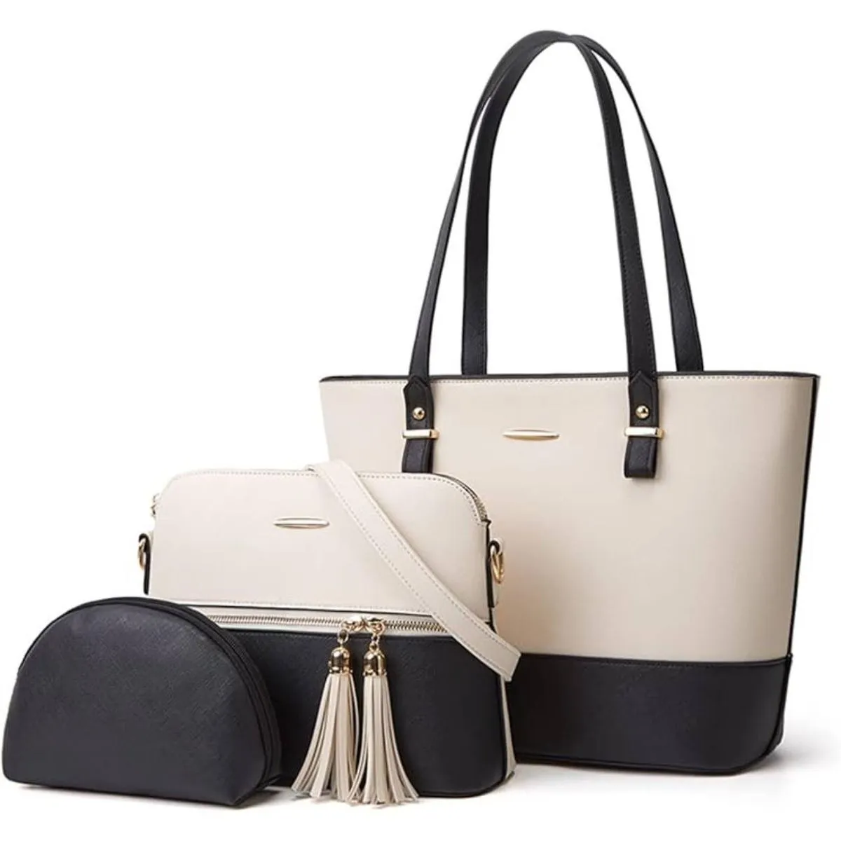 3 Pcs Purse Bag Set Women Tote Satchel Handbags Shoulder Bag cream black