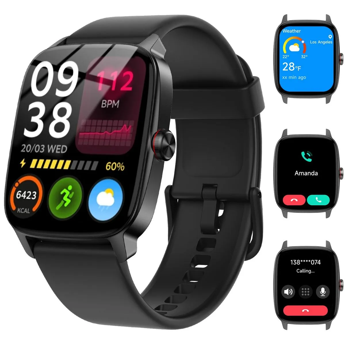 Rayswitch Waterproof Sport Smartwatch with Fitness Tracker for Women & Men - Black