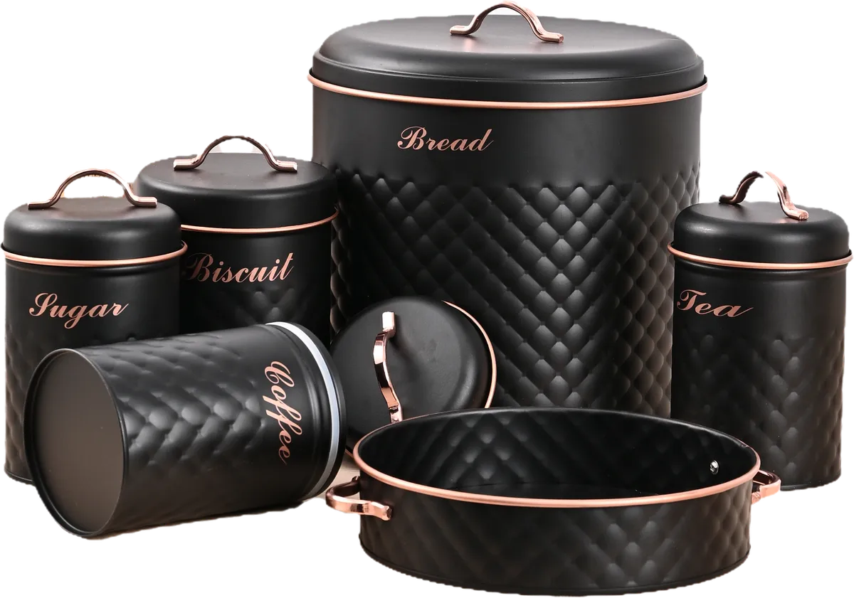 Royal 6 Piece Bread Box and Metal Kitchen Storage Combo - Leather Pattern - Black & Rose Gold