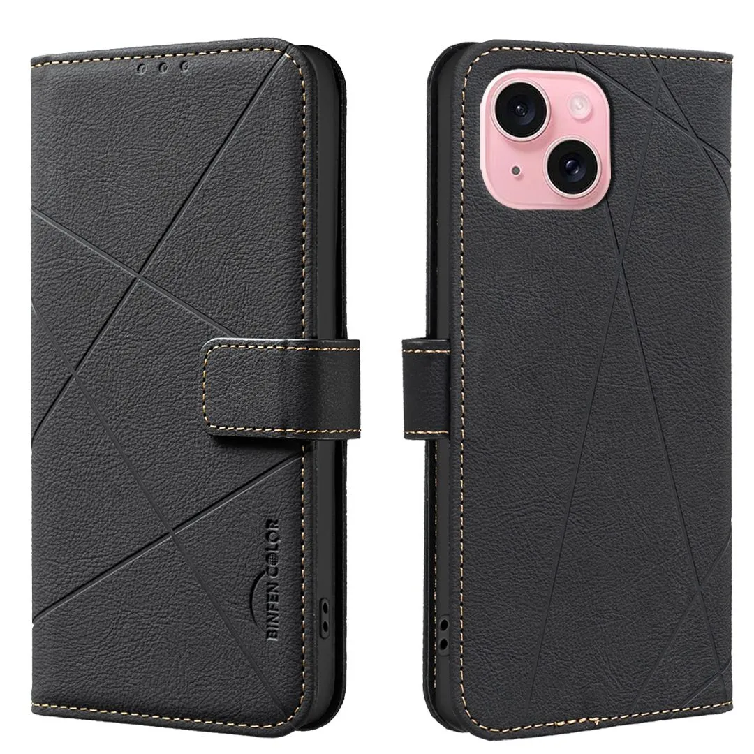 Check Leather Anti-Theft Phone Case Compatible With iPhone 14 - Black