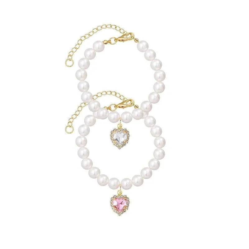 2 Piece Adjustable Cat Dog Pearl Collar Necklaces Heart Shape Rhinestone