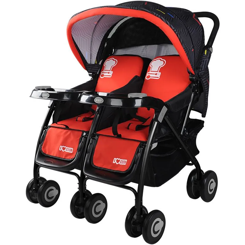 Dual Seat Twin Stroller With Canopy and Snack Trays - Comfortable Pushchair