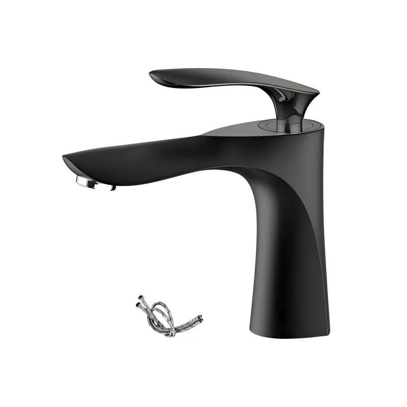 Single Hole Hot Cold Basin Mixer Tap with Hoses Black Maple Leaf Design