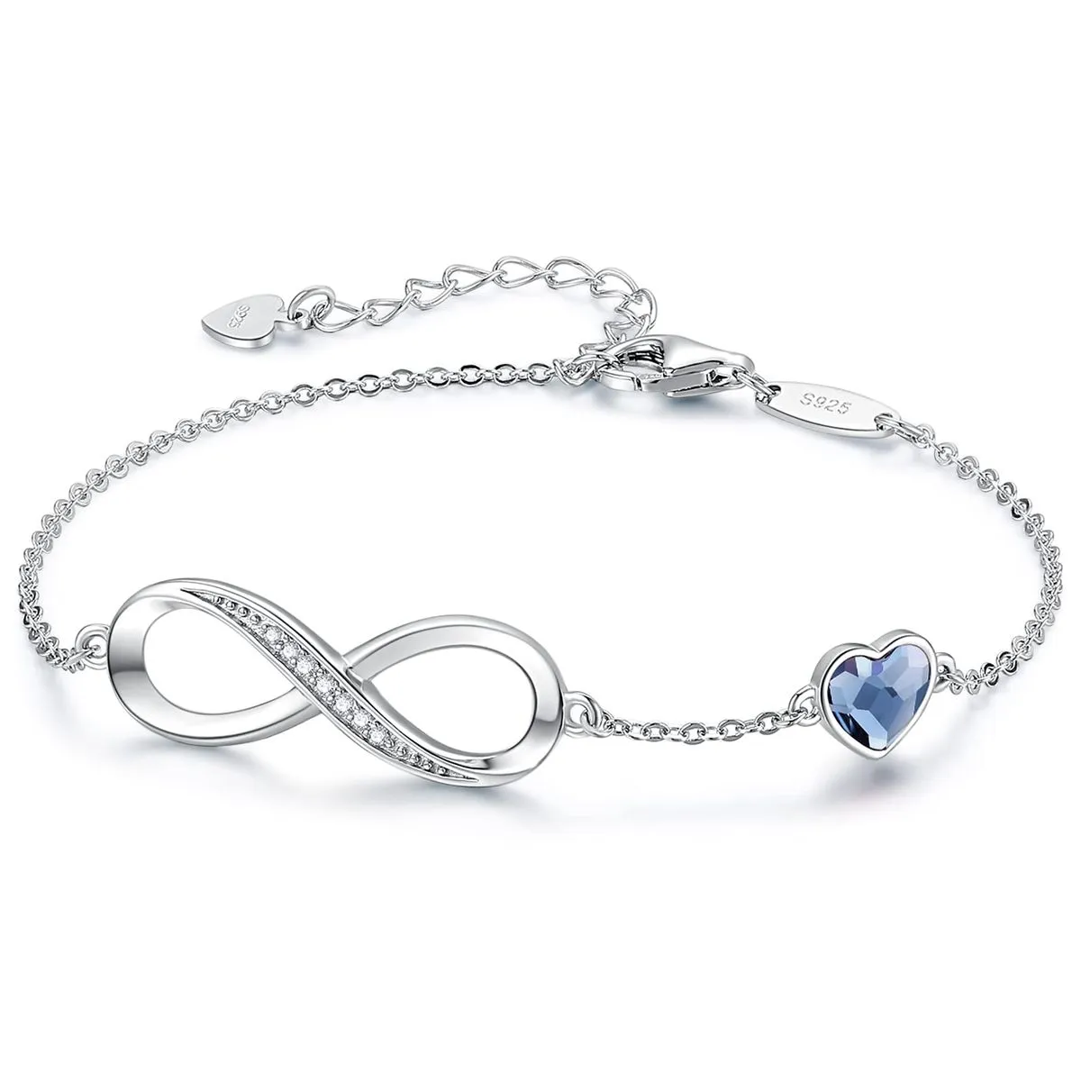 Infinity Heart Birthstone Brooch Bracelet 925 Silver Adjustable - Gift - Blue