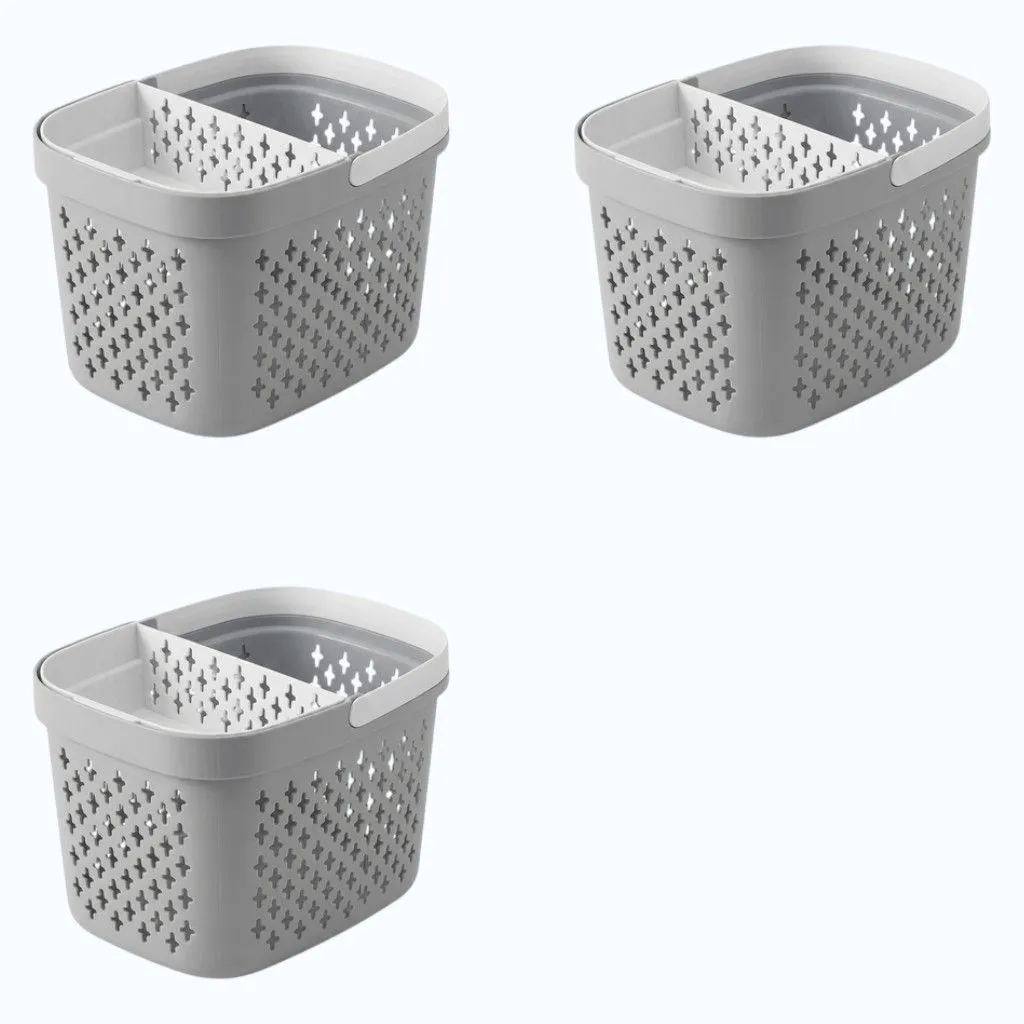 3 Pack - Bathroom Organiser Basket With Divider - Grey