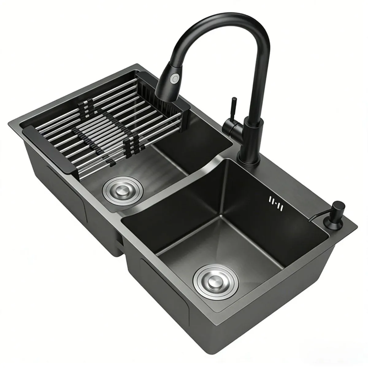 Modern Double-Bowl Kitchen Sink with Drain Hose, Drain Dasket and Faucet