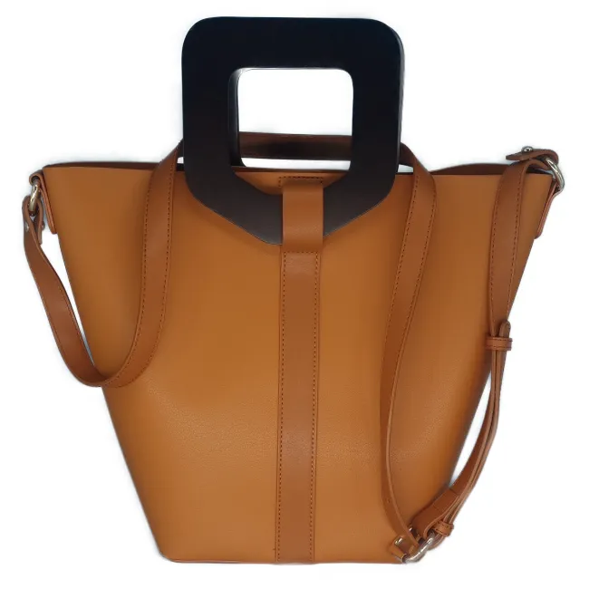 Ladies PU Leather Handbag Stone Khaki with Wooden Handles
