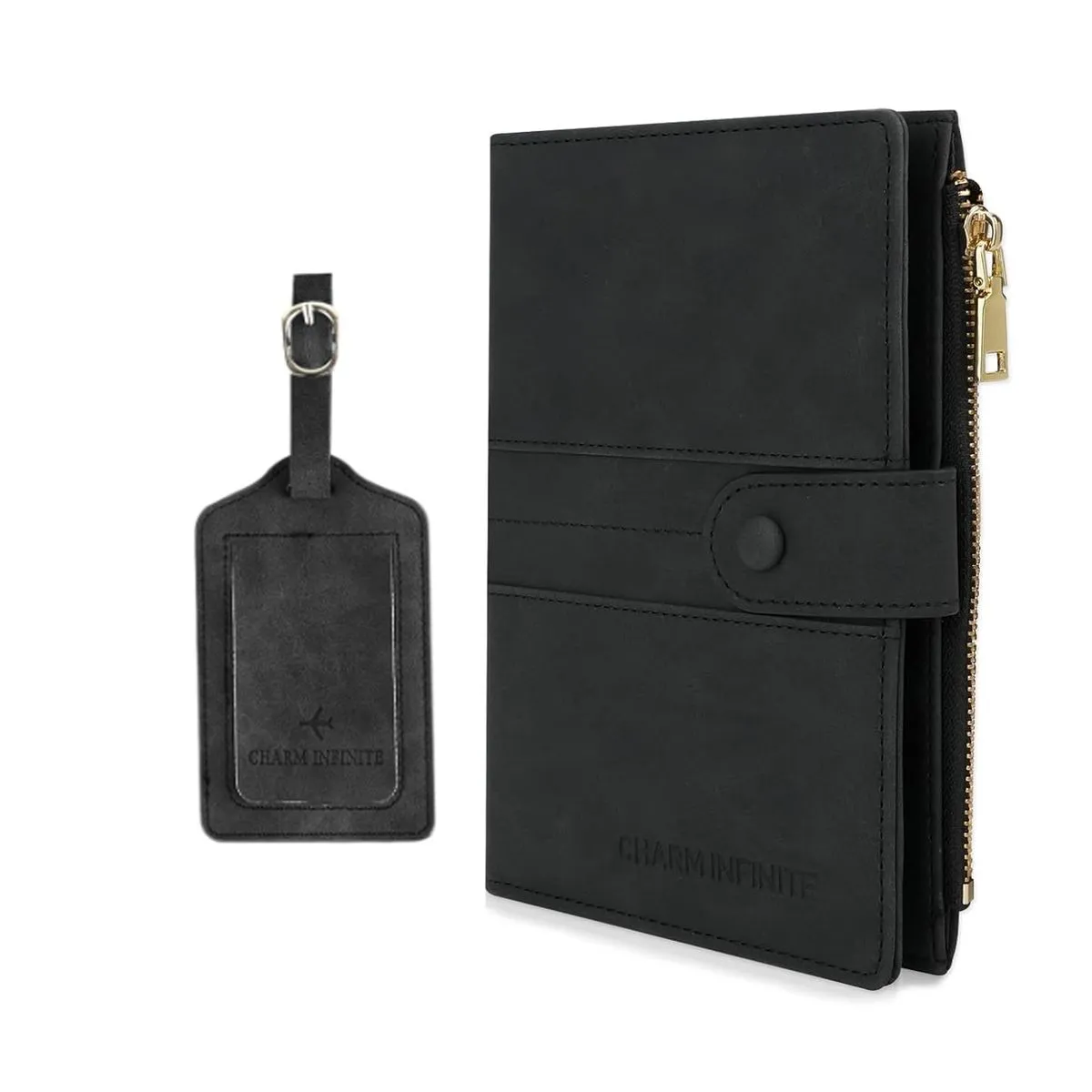 Leather Passport Holder & Luggage Tag RFID Travel Passport Wallet Card Slot - Black