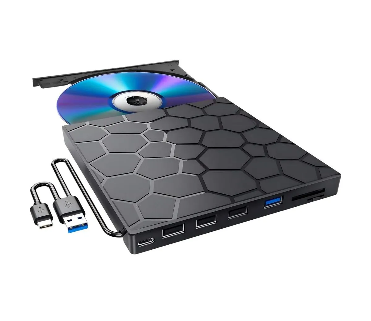 8-in-1 USB 3.0 & Type-C External DVD Drive, CD/DVD Burner with SD/TF Reader