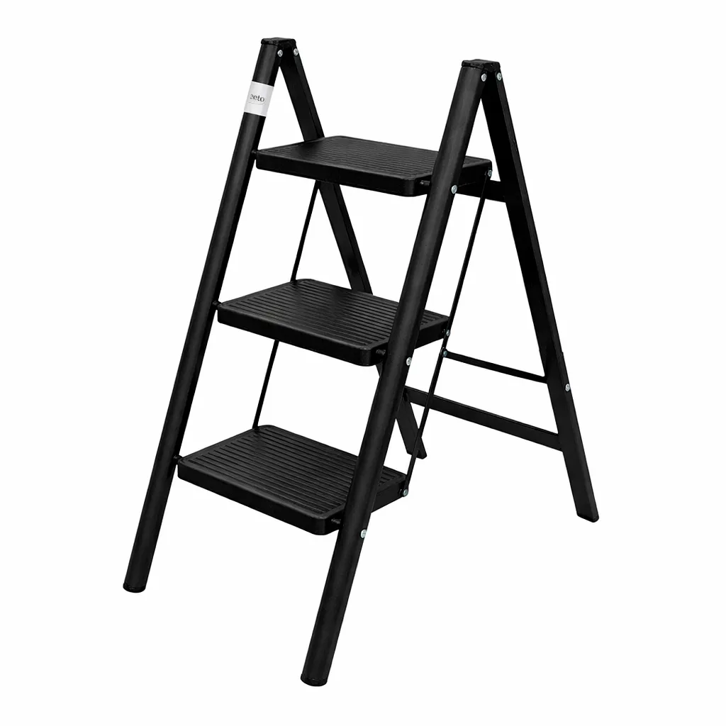 3-Step Foldable Steel Ladder - Non-Slip & Compact Black