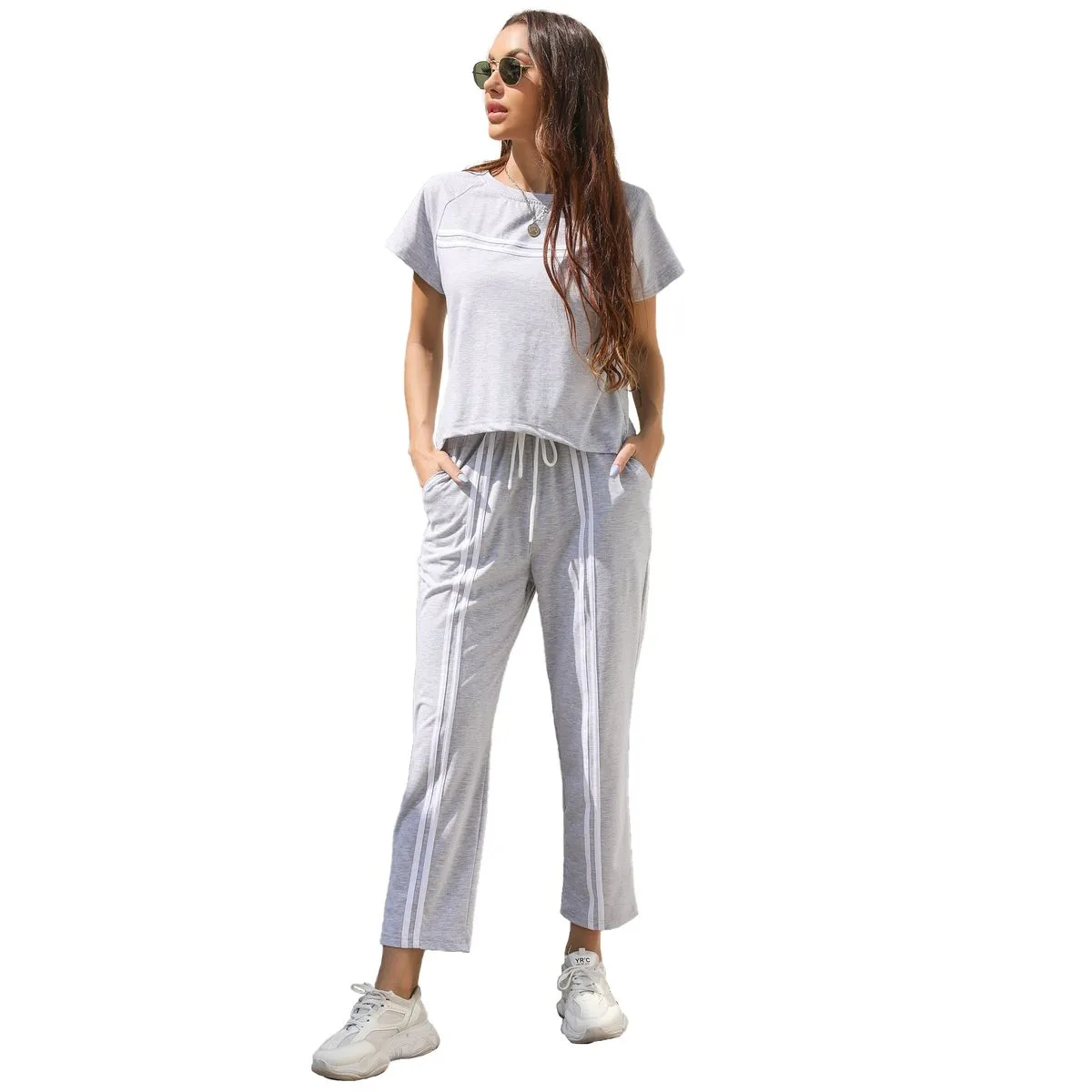 Women's Summer Two Piece Outfits Short Sleeve Tops Drawstring Long Pants