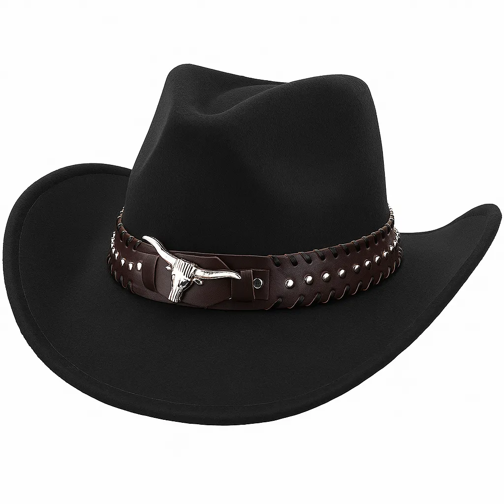 Western Cowboy Hat with Bull Emblem - Tan, Black, White, Dark Brown - Black