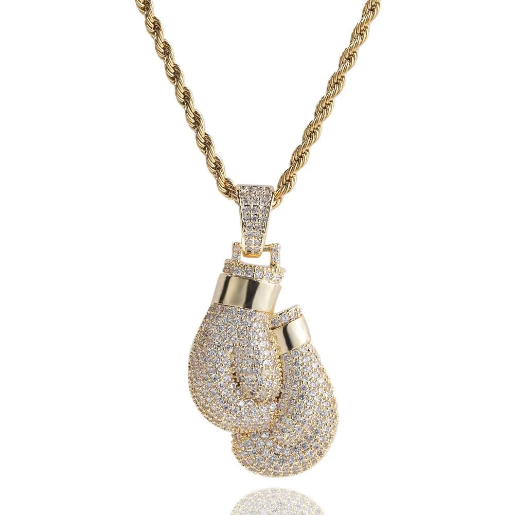 Hip Hop Boxing Glove Pendant Necklace with Copper and Zircon Stones - Gold
