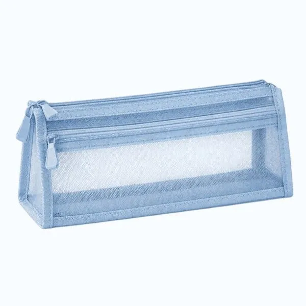 Mesh Pencil Pouch With Double Zipper - Blue