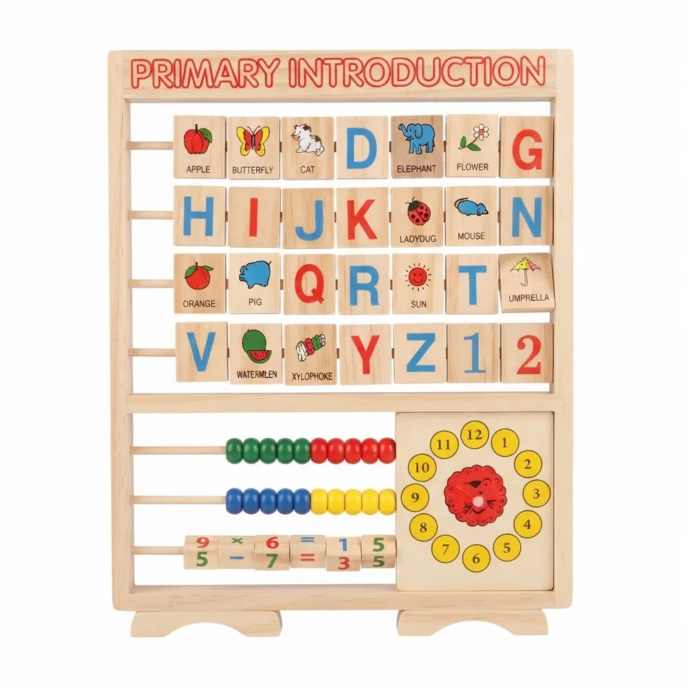 Wooden Educational Learning Board with Abacus, Clock & Alphabet