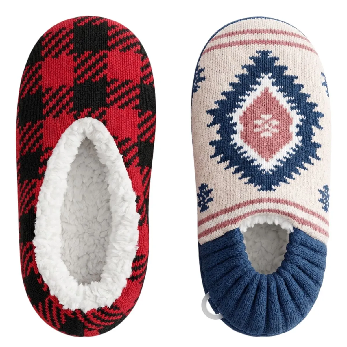 4 Pack Winter Knitted Ladies Fleece Lined Slippers Sock NonSkid Sole UK 3-6 - Blue, Red