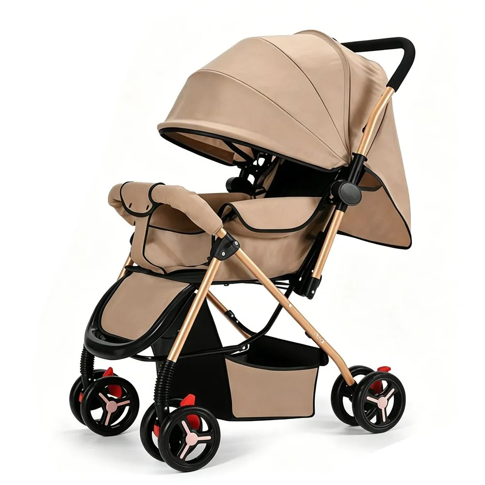 Lightweight Baby Pram, Compact Fold, 3-Position Recline & Safety Harness - Brown
