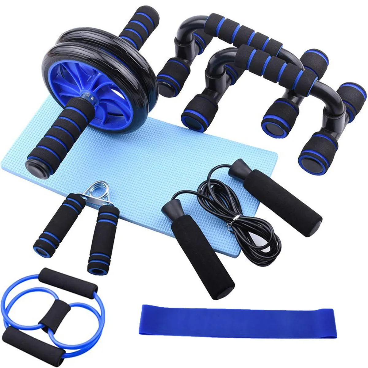Fitness Set Abs Wheel Push-Up Bar Hand Gripper Jump Rope Knee Pad and Band - Blue