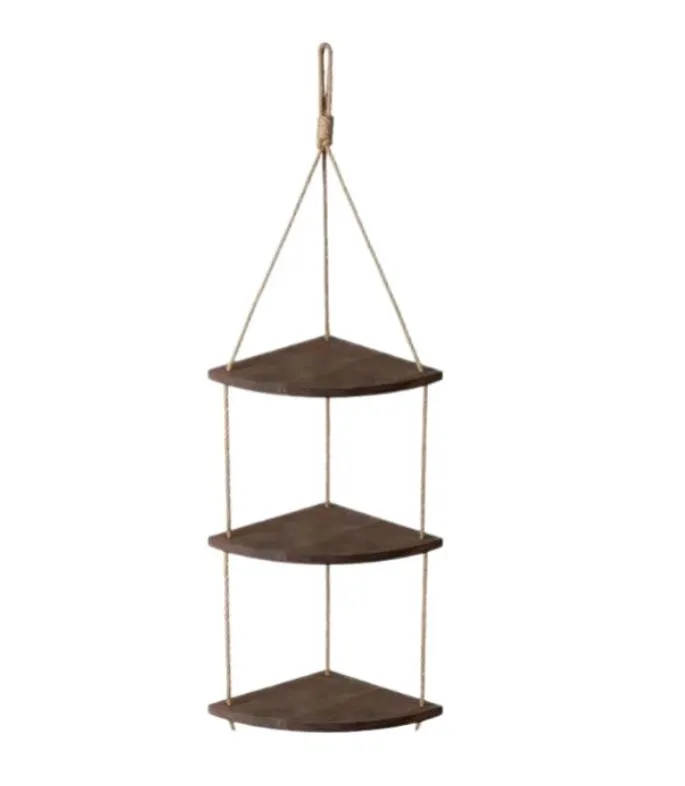 Fan-Shaped Wooden Corner Shelf with Rope for Plants