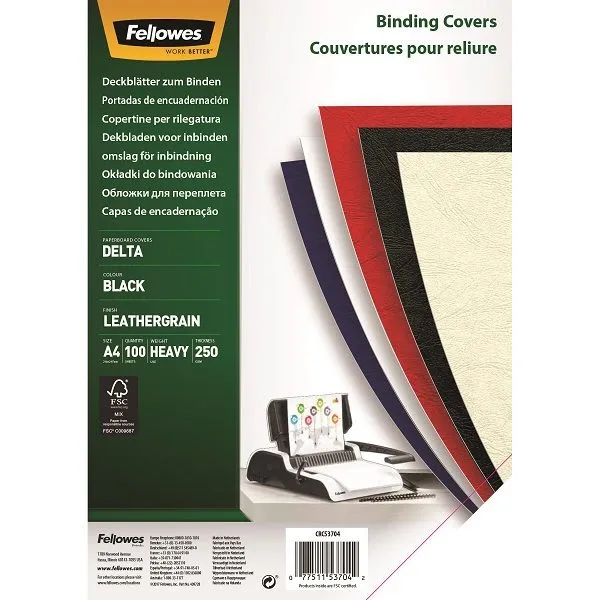 Fellowes Binding Leatherboard, A4 250gsm, Black, Pack of 100 - A4 (210 mm x 297 mm)