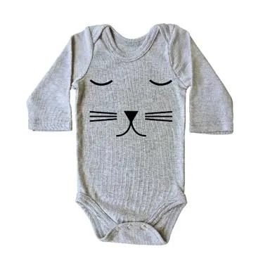 Stickaninja Cat Face Baby Grow Long Sleeved - Grey with Black Print