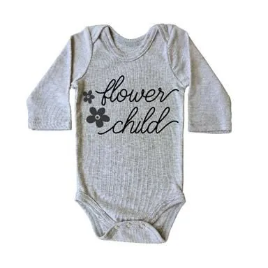 Stickaninja Flower Child Baby Grow Long Sleeved - Grey with Black Print