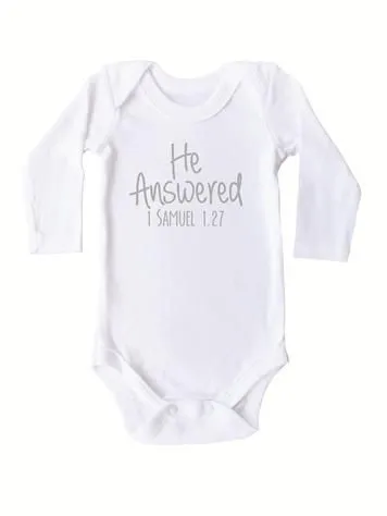 Stickaninja He Answered Long Sleeve Onesie - White with Silver Print