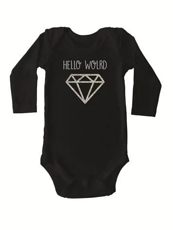 Stickaninja Hello World Diamond Long Sleeve Onesie - Black with Silver & Glitter Print 
