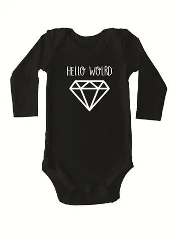 Stickaninja Hello World Diamond Long Sleeve Onesie - Black with White Print