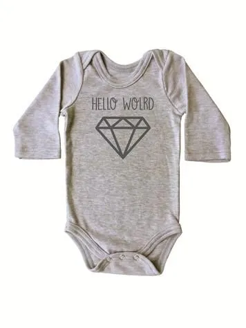 Stickaninja Hello World Diamond Long Sleeve Onesie - Grey with Silver Print