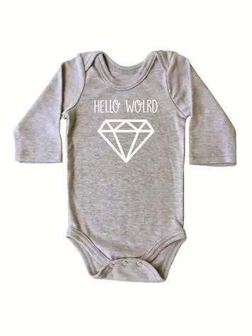 Stickaninja Hello World Diamond Long Sleeve Onesie - Grey with White Print