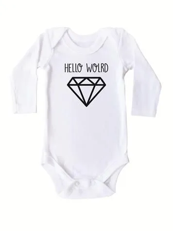 Stickaninja Hello World Diamond Long Sleeve Onesie - White with Black Print