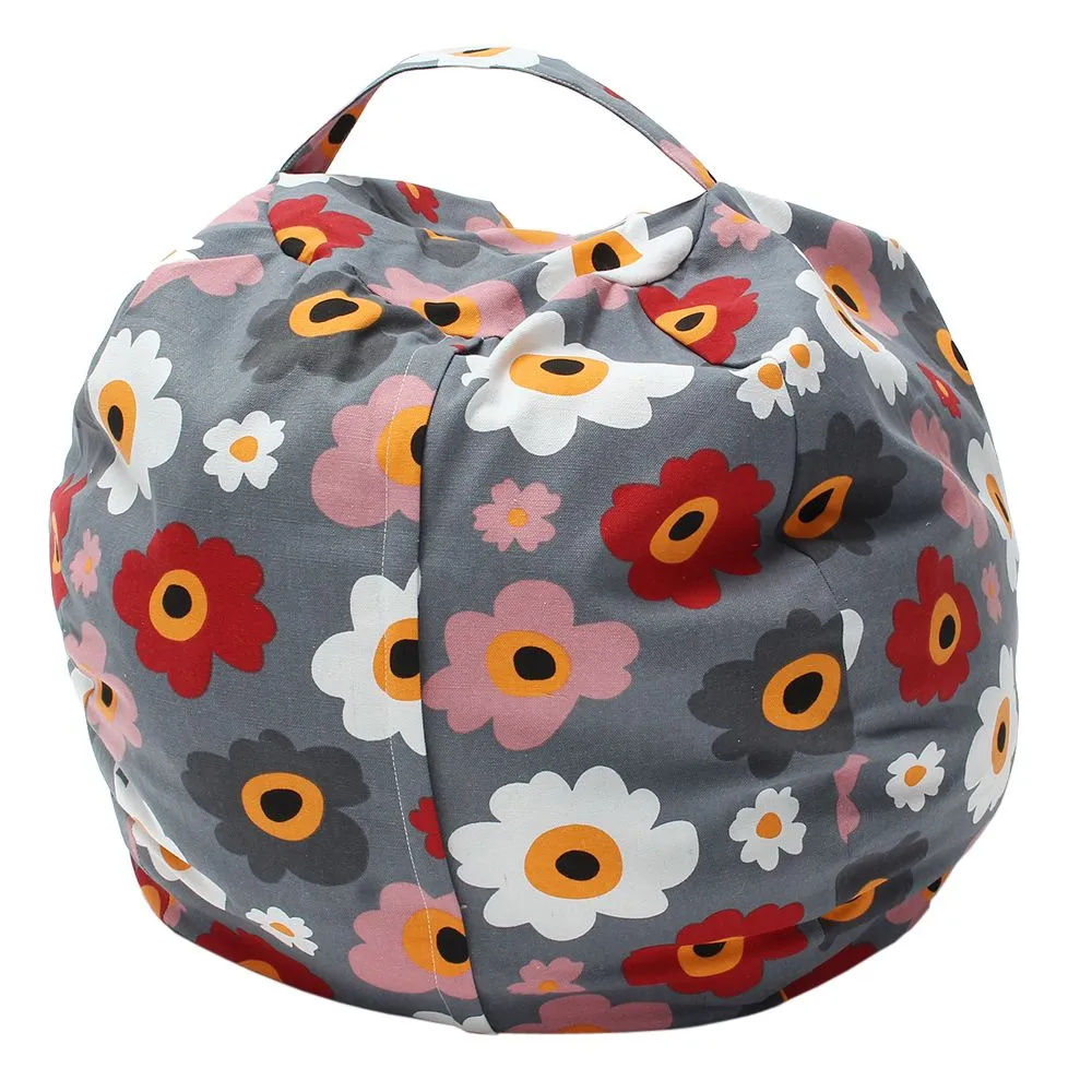 Kids Stuffed Animal Storage Bean Bag Chair - Grey with Flowers