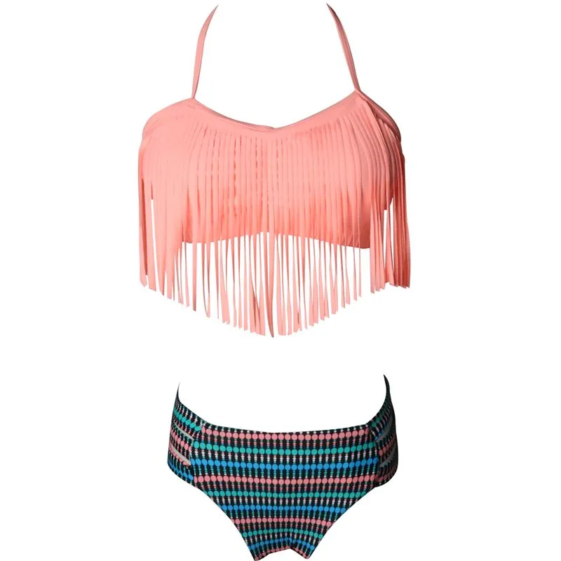 Iconix Fringe Mom Swimsuit-Peach Top & Stripe Printed Bottom