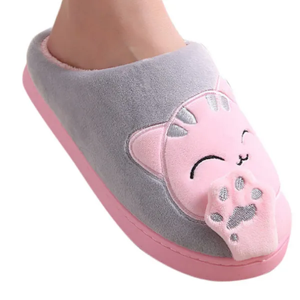 Paw Prints & Curly Tails Grey Cat Slippers with Pink Inner