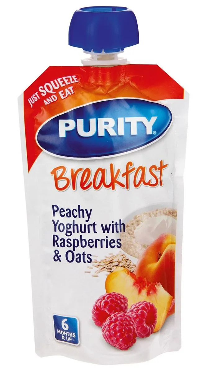 Purity Peachy Yoghurt with Raspberries & Oats Pouches - 12 x 110ml