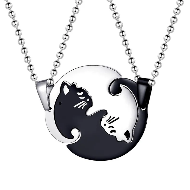 Stainless Steel Matching Cat Necklace Pendant for Couples - Black