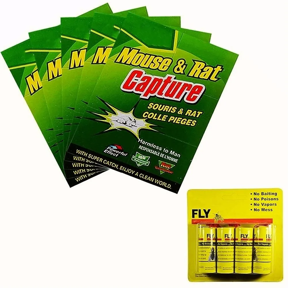 5pcs Rats Trap Boards & 4 Rolls Insect Flies Glue Catcher Sticky Tape Strip