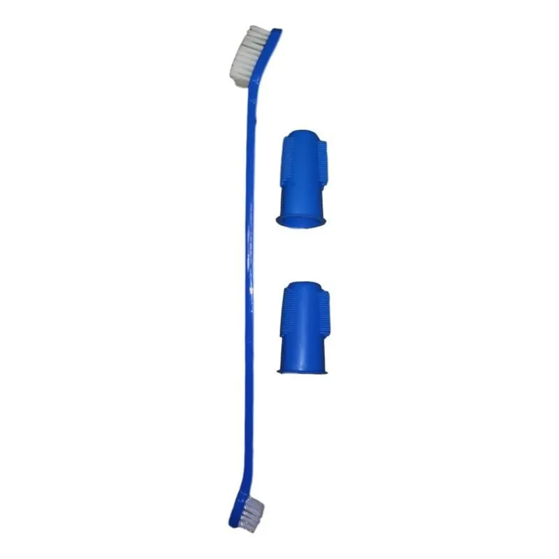 Pet Dental Care Double Sided Toothbrush And Finger Brushes Dog Cleaning Kit - Blue
