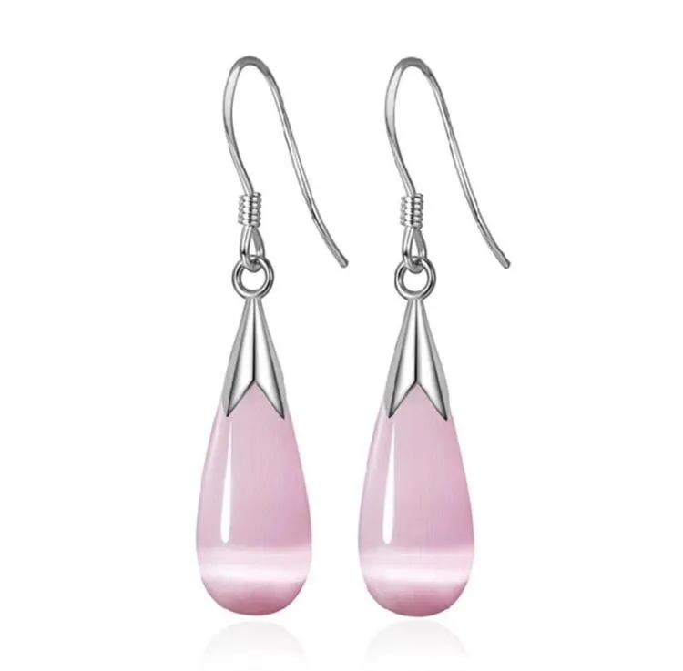 925 Sterling Silver Opal Moonlight Stone Water Drop Earrings Pink