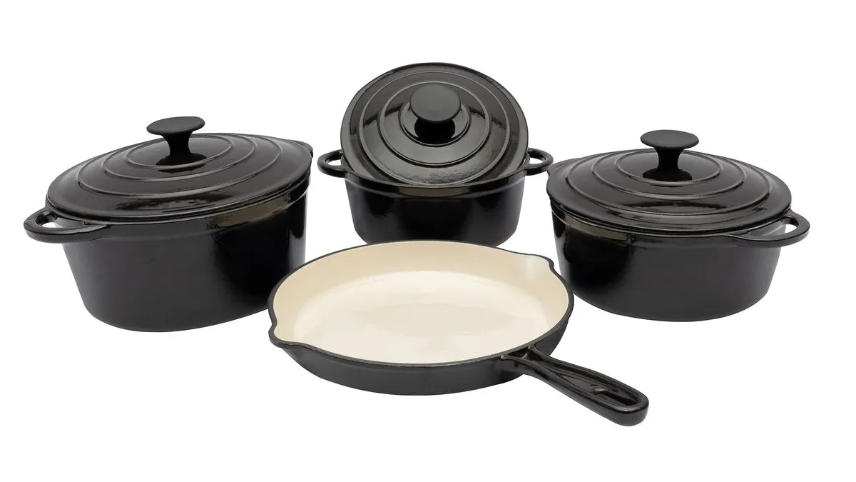 Seven Piece Cast Iron Cookware set Including Double Spouted Frying Pan - Black