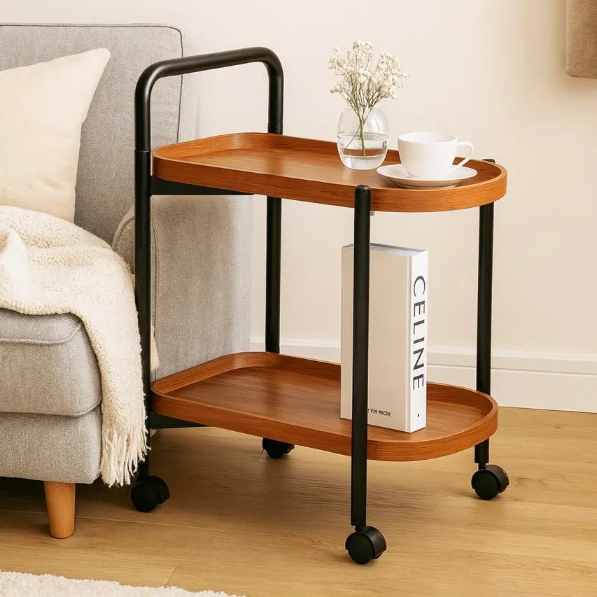 2-Tier Wooden Tray Storage Cart with Wheels (Repackaged)