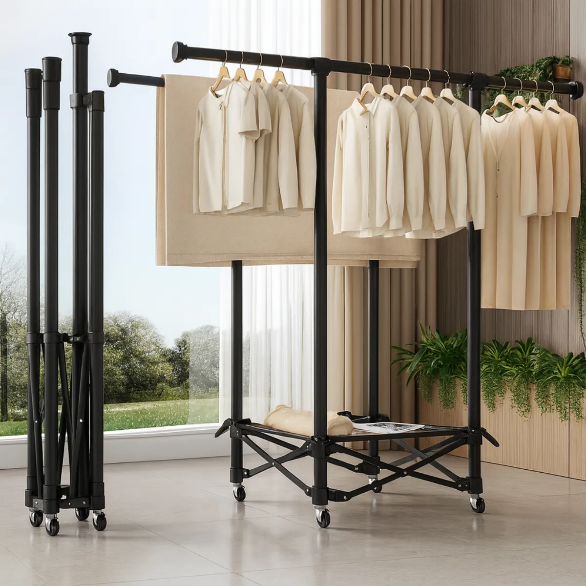 Foldable Steel Clothes Drying Rack with Wheels (Damaged Packaging)